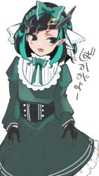 Rule 34 | 1girl, nanashi inc., alternate costume, alternate eye color, black eyes, black gloves, black hair, blue hair, blush, bow, bowtie, commentary request, corset, demon girl, demon horns, dress, fang, feet out of frame, flat chest, frilled dress, frills, gloves, green bow, green bowtie, green dress, hair bow, hair ornament, heart, heart hair ornament, highres, horns, long sleeves, looking to the side, medium hair, multicolored hair, open mouth, panyatteria, pointy ears, shishio chris, simple background, solo, sugar lyric, translation request, two-tone hair, virtual youtuber, white background