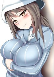 Rule 34 | 10s, 1girl, blue hat, blush, breast hold, breasts, brown hair, crossed arms, girls und panzer, hat, large breasts, long hair, looking at viewer, mika (girls und panzer), school uniform, smile, solo, yottin