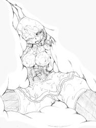Rule 34 | breasts, breasts out, camel (dansen), inside creature, mahou shoujo madoka magica, monochrome, one eye closed, open mouth, skirt, tomoe mami, torn clothes, vore, wet