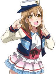 Rule 34 | 1girl, :d, absurdres, alternate hairstyle, braid, brown hair, clothes writing, corset, group name, hat, highres, index fingers raised, jacket, jewelry, kunikida hanamaru, log, long sleeves, looking at viewer, love live!, love live! school idol festival, love live! sunshine!!, multicolored clothes, multicolored skirt, open mouth, pendant, raglan sleeves, shirt, simple background, skirt, smile, solo, twin braids, vorupi, white background