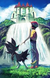 Rule 34 | 1boy, arm up, backpack, bag, black hair, building, cloud, commentary request, creatures (company), day, from below, game freak, gen 4 pokemon, grass, hat, lucas (pokemon), luxray, male focus, nintendo, outdoors, pants, pokemon, pokemon (creature), pokemon dppt, red footwear, red headwear, rowdon, shoes, short hair, short sleeves, sky, standing, water, waterfall, yellow bag