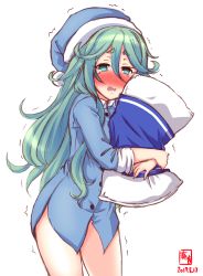 Rule 34 | 1girl, artist logo, blue shirt, blush, buttons, collared shirt, cowboy shot, dated, embarrassed, green eyes, green hair, hair between eyes, hair flaps, hat, highres, kanon (kurogane knights), kantai collection, long hair, long sleeves, looking at viewer, no pants, open mouth, pajamas, pillow, shirt, signature, simple background, solo, standing, tears, trembling, white background, yamakaze (kancolle)