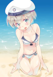 Rule 34 | 10s, 1girl, :d, adapted costume, aqua eyes, bare shoulders, beach, bikini, blush, breasts, cleavage, clothes writing, collarbone, commentary request, day, eyebrows, eyes visible through hair, hair between eyes, hat, highres, imu sanjo, kantai collection, looking at viewer, navel, neckerchief, open mouth, outdoors, sailor collar, sailor hat, short hair, silver hair, sitting, small breasts, smile, solo, stomach, swimsuit, thigh gap, water, white bikini, white hat, z1 leberecht maass (kancolle)