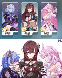 Rule 34 | 3girls, angry, bikini, black bikini, black dress, black shorts, blue eyes, blue shirt, blush, breasts, caidaosanhua, cleavage cutout, closed eyes, clothing cutout, detached sleeves, dress, earrings, eden (honkai impact), elf, elysia (herrscher of human:ego) (honkai impact), elysia (honkai impact), eyewear on head, game screenshot inset, gloves, hair ornament, hand on another&#039;s face, hand on own chin, heart, herrscher of corruption, holding hands, honkai (series), honkai impact 3rd, jewelry, large breasts, multiple girls, orange eyes, pink eyes, pointy ears, red hair, see-through, see-through sleeves, shirt, short sleeves, shorts, side cutout, smile, swimsuit, thighs, upper body, white background, white gloves, white shirt, white veil, yellow eyes, yuri