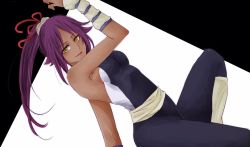 Rule 34 | 1girl, arm support, armband, armpits, bleach, breasts, dark-skinned female, dark skin, female focus, hair ornament, hair ribbon, high ponytail, highres, light smile, long hair, looking at viewer, open mouth, purple hair, ribbon, shihouin yoruichi, shinigami, sideboob, sitting, skin tight, solo, yellow eyes