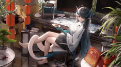 Rule 34 | 1girl, absurdres, arknights, bare legs, bare shoulders, barefoot, black hair, bonsai, box, breasts, cardboard box, dusk (arknights), food, hair over one eye, highres, holding, holding plate, horns, indoors, large breasts, ling dianxia, long hair, long sleeves, looking at viewer, monitor, official alternate costume, orange eyes, plate, pointy ears, rhodes island logo (arknights), shirt, sitting, solo, swivel chair, tail, very long hair, white shirt, wide sleeves