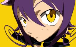 Rule 34 | 00s, 1girl, :3, animal ears, blair (soul eater), cat ears, fourth wall, hat, highres, portrait, purple hair, solo, soul eater, vector trace, wallpaper, yellow eyes