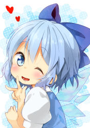 Rule 34 | 1girl, blue eyes, blue hair, blush, bow, cirno, hair bow, heart, ice, ice wings, jigatei (omijin), matching hair/eyes, open mouth, puffy sleeves, short hair, short sleeves, solo, touhou, v, wings, wink