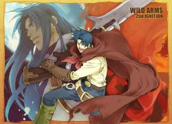 Rule 34 | 1boy, ashley winchester, bayonet, belt, blue hair, closed mouth, commentary request, dual persona, gloves, inagi, long hair, looking at viewer, male focus, moon, night, outdoors, short hair, solo, weapon, wild arms, wild arms 2