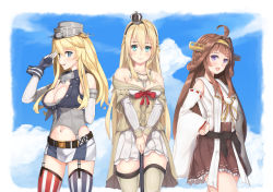 Rule 34 | 10s, 3girls, ahoge, arm behind back, bare shoulders, blonde hair, blue eyes, braid, brown hair, brown skirt, cowboy shot, crown, day, detached sleeves, double bun, dress, elbow gloves, fingerless gloves, flower, french braid, front-tie top, garter straps, gloves, green eyes, hair between eyes, hair bun, hairband, hand on own hip, headgear, highres, iowa (kancolle), jewelry, kantai collection, kongou (kancolle), long hair, long sleeves, looking at viewer, mini crown, multiple girls, navel, necklace, nontraditional miko, off-shoulder dress, off shoulder, pleated skirt, purple eyes, red flower, red ribbon, red rose, ribbon, ribbon-trimmed sleeves, ribbon trim, rose, ryouya, salute, skirt, standing, star-shaped pupils, star (symbol), striped clothes, striped thighhighs, symbol-shaped pupils, thighhighs, vertical-striped clothes, vertical-striped thighhighs, warspite (kancolle), white dress, white legwear