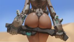 Rule 34 | 1girl, ass, ass focus, ass support, b.bor, blue eyes, blurry, blurry background, close-up, dark-skinned female, dark skin, day, from behind, gun, highres, holding, holding gun, holding weapon, mechanical arms, original, solo, thighs, weapon, wide hips