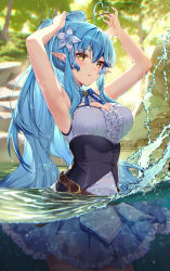 Rule 34 | 1girl, ahoge, armpits, arms up, artist name, bare shoulders, belt, blue bow, blue dress, blue hair, blue ribbon, blush, bow, breasts, brown belt, center frills, cleavage, cleavage cutout, clothing cutout, commentary request, dress, elf, flower, frilled skirt, frills, hair between eyes, hair flower, hair ornament, heart, heart ahoge, high ponytail, highres, hololive, large breasts, long hair, outdoors, partially submerged, pointy ears, revision, ribbon, rosuuri, sidelocks, skirt, sleeveless, sleeveless dress, solo, splashing, tying hair, very long hair, virtual youtuber, water, wet, yellow eyes, yukihana lamy