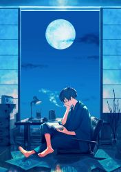 Rule 34 | 1boy, absurdres, ashtray, barefoot, black hair, blue kimono, blue theme, book, book stack, branch, cigarette, commentary request, crumpled paper, desk lamp, from side, glasses, head rest, highres, indoors, inkwell, japanese clothes, kanai (nai nai), kimono, lamp, male focus, moon, night, night sky, open book, original, papers, pencil, profile, radio, reading, short hair, sitting, sky, smoke, smoking, soles, solo, table, toes, vase