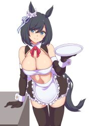 Rule 34 | 1girl, absurdres, animal ears, apron, bandeau, bare shoulders, black hair, black thighhighs, blue eyes, blush, bow, breasts, cleavage, closed mouth, detached collar, detached sleeves, ear ribbon, ear scrunchie, eishin flash (umamusume), hakutaqanta, highres, holding, holding tray, horse ears, horse girl, horse tail, large breasts, looking at viewer, maid apron, midriff, miniskirt, red ribbon, ribbon, short hair, skindentation, skirt, smile, tail, thighhighs, tray, umamusume, white bandeau, wrist cuffs