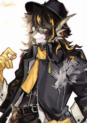 Rule 34 | 1boy, arknights, artist name, belt, belt buckle, black coat, black hair, black hat, blonde hair, buckle, chinese commentary, cigarette, coat, commentary request, eyewear strap, fedora, fins, furry, furry male, glasses, gloves, hat, head fins, highres, holding, holding cigarette, lee (arknights), long hair, long sleeves, looking at viewer, multicolored hair, necktie, open clothes, open coat, parted lips, round eyewear, simple background, solo, swirlkura, two-tone hair, upper body, white background, yellow eyes, yellow gloves, yellow necktie