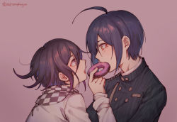 Rule 34 | 2boys, ahoge, arms at sides, artist name, black hair, black jacket, blush, buttons, checkered clothes, checkered neckwear, checkered scarf, commentary request, danganronpa (series), danganronpa v3: killing harmony, double-breasted, doughnut, ewa (seraphhuiyu), eye contact, feeding, food, from side, grey jacket, hand up, highres, holding, holding food, jacket, long sleeves, looking at another, male focus, multicolored hair, multiple boys, oma kokichi, open mouth, pink background, pink eyes, profile, purple eyes, purple hair, saihara shuichi, scarf, shirt, short hair, simple background, striped clothes, striped jacket, teeth, twitter username, two-tone hair, upper body, upper teeth only, yaoi, yellow eyes