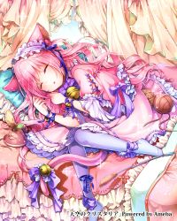 Rule 34 | 1girl, animal ears, ball, bed, bell, bonnet, bow, canopy bed, cat ears, cat tail, cat teaser, collar, dress, long hair, lying, neck bell, official art, on side, original, pillow, pink dress, pink hair, puffy short sleeves, puffy sleeves, ribbon, short sleeves, sleeping, solo, stuffed animal, stuffed mouse, stuffed toy, tail, tail bell, tail bow, tail ornament, tenkuu no crystalia, toy, very long hair, wavy hair, wool, wrist ribbon, yarn, yarn ball, yukinokoe
