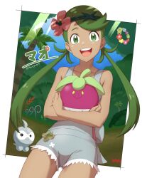 Rule 34 | 1girl, :d, absurdres, amagamip, bounsweet, castform, castform (normal), character name, comfey, commentary request, creatures (company), dark-skinned female, dark skin, day, flower, game freak, gen 3 pokemon, gen 7 pokemon, grass, green eyes, green hair, green headband, grey overalls, happy, headband, highres, holding, holding pokemon, long hair, looking at viewer, mallow (pokemon), nintendo, open mouth, outdoors, overall shorts, overalls, palm tree, pink flower, pokemon, pokemon (creature), pokemon sm, sky, smile, swept bangs, teeth, tongue, tree, twintails, upper teeth only