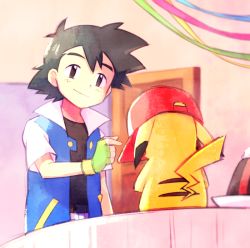 Rule 34 | 1boy, ame (ame025), ash ketchum, baseball cap, belt, black hair, blue jacket, brown eyes, brown shirt, buttons, closed mouth, clothed pokemon, commentary, creatures (company), door, fingerless gloves, game freak, gen 1 pokemon, gloves, green gloves, hand up, hat, indoors, jacket, male focus, nintendo, open clothes, open jacket, pikachu, pokemon, pokemon (anime), pokemon (classic anime), pokemon (creature), red headwear, shirt, short hair, short sleeves, smile, t-shirt