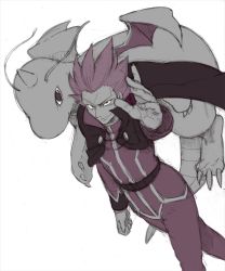 Rule 34 | 1boy, cape, claws, creatures (company), dragon, dragonite, foreshortening, from above, game freak, gen 1 pokemon, horns, lance (pokemon), male focus, nintendo, pokemon, pokemon (creature), red hair, sumishiba (pixiv), wings