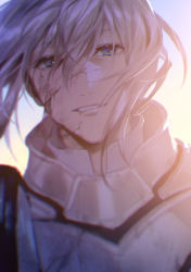 Rule 34 | 1boy, absurdres, armor, bedivere (fate), blood, blood on face, blue eyes, blurry, close-up, depth of field, fate/grand order, fate/stay night, fate (series), green eyes, hair between eyes, highres, long hair, male focus, mosako, ponytail, portrait, solo, white hair