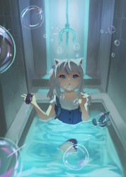 Rule 34 | 1girl, bathing, bathtub, blue eyes, blue hair, blunt bangs, blowing bubbles, commentary, cube hair ornament, fins, fish tail, frilled sleeves, frills, gawr gura, grey hair, hair ornament, highres, hololive, hololive english, medium hair, multicolored hair, oreum, partially submerged, shark girl, shark tail, shirt, short sleeves, side ponytail, sidelocks, solo, streaked hair, suspenders, tail, virtual youtuber, white shirt