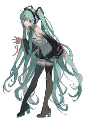 Rule 34 | 1girl, absurdres, bad id, bad pixiv id, bare shoulders, black footwear, black skirt, black sleeves, black thighhighs, blush, boots, closed mouth, collared shirt, detached sleeves, eyebrows hidden by hair, green eyes, green hair, green necktie, grey shirt, hair between eyes, hair ornament, hatsune miku, headphones, high heel boots, high heels, highres, leaning forward, long sleeves, necktie, pleated skirt, shirt, simple background, skirt, sleeveless, sleeveless shirt, smile, solo, standing, thigh boots, thighhighs, tie clip, twintails, vocaloid, w, white background, wide sleeves, zhibuji loom