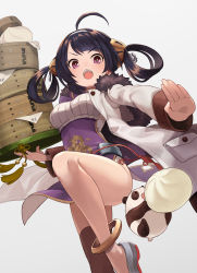 Rule 34 | 1girl, ahoge, anklet, azur lane, baozi, bare legs, black hair, breasts, chinese clothes, dragon print, fighting stance, food, fur collar, grey background, hair ornament, hair rings, highres, holding, jacket, jewelry, leg up, looking at viewer, medium breasts, ning hai (azur lane), open mouth, panda, pocket, purple eyes, simple background, single thighhigh, solo, tassel, thighhighs, tray, white hair, white jacket, yuko (uc yuk)