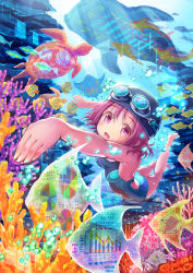 Rule 34 | 1girl, angelfish, bar graph, barefoot, bubble, coral, coral reef, fish, freediving, goggles, goggles on head, highres, line graph, original, pie chart, pink eyes, pink hair, short hair, smile, solo, stingray, suishougensou, swim cap, swimming, swimsuit, tropical fish, turtle, underwater, whale shark