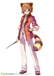 Rule 34 | 10s, 1boy, animal ears, armcho, blue eyes, bracelet, brown hair, formal, full body, glasses, hand in pocket, jewelry, male focus, necklace, pointer, professor, raccoon, raccoon (trickster), raccoon ears, raccoon tail, short hair, simple background, sleeves rolled up, solo, standing, stick, suit, tail, trickster (ntreev soft)