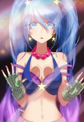 Rule 34 | 1girl, :o, against glass, alternate costume, arcade sona, blank stare, blue eyes, blue hair, bra, breast press, breasts, breasts on glass, cleavage, earrings, eren (artist), fingerless gloves, glass, gloves, halterneck, halterneck, jewelry, jpeg artifacts, league of legends, matching hair/eyes, navel, necklace, non-web source, solo, sona (league of legends), strap slip, twintails, underwear