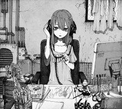 Rule 34 | 1girl, beer can, book, can, chair, drawing, drink can, eraser, figure, greyscale, headphones, industrial pipe, keyboard (computer), laundry, left-handed, long hair, loose clothes, loose shirt, monitor, monochrome, mouse (computer), mousepad, mousepad (object), office chair, original, paper, pen, ruler, school uniform, serafuku, shirt, sitting, solo, swivel chair, sword, t-shirt, toi (number8), weapon