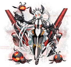 Rule 34 | 1girl, abyssal ship, black necktie, breasts, character name, claws, colored skin, enemy aircraft (kancolle), fast light carrier water demon, full body, glowing, grey hair, grey skin, hair bobbles, hair ornament, horns, kantai collection, long hair, medium breasts, necktie, oso (toolate), red eyes, simple background, tail, twitter username, very long hair, watermark, web address, white background