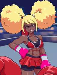 Rule 34 | 1girl, afro, afro puffs, armpit crease, armpits, black bra, black shorts, blonde hair, boxing, boxing gloves, boxing ring, boxing shorts, bra, breasts, cleavage, collarbone, danganronpa (series), danganronpa another episode: ultra despair girls, dark-skinned female, dark skin, deathzerareal, female focus, grin, highres, large breasts, looking at viewer, multicolored bra, multicolored clothes, muscular, muscular female, navel, pleated skirt, pov, pov hands, purple eyes, red bra, red skirt, second generation enoshima junko, shaded face, shadow, shorts, skirt, smile, solo focus, sports bra, sportswear, teeth, underwear, white bra
