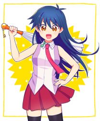 Rule 34 | 1girl, beamed eighth notes, black thighhighs, blue hair, blush, breasts, brown eyes, cowboy shot, eighth note, hand on own hip, holding, long hair, looking at viewer, mommorua, musical note, necktie, open mouth, pleated skirt, red necktie, red skirt, saotome rei, skirt, sleeveless, small breasts, smile, solo, thighhighs, yu-gi-oh!, yu-gi-oh! arc-v, yu-gi-oh! gx, zettai ryouiki