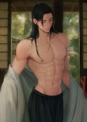 Rule 34 | 1boy, abs, architecture, bare shoulders, black eyes, black hair, black pants, closed mouth, collarbone, dio saurr, ear piercing, east asian architecture, expressionless, getou suguru, highres, indoors, japanese clothes, jujutsu kaisen, kimono, long hair, looking down, male focus, muscular, muscular male, navel, nipples, pants, pectorals, piercing, solo, toned, toned male, tree, undressing, very long hair, white kimono