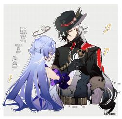 Rule 34 | 1boy, 1girl, absurdres, android, black gloves, black hair, black hat, black jacket, blue hair, boothill (honkai: star rail), closed eyes, cowboy hat, cropped jacket, detached sleeves, frilled sleeves, frills, gloves, hair bun, hand on another&#039;s chest, hat, hetero, highres, holding hands, honkai: star rail, honkai (series), jacket, kradebii, long hair, long sleeves, multicolored hair, open mouth, robin (honkai: star rail), sheriff badge, simple background, smile, streaked hair, very long hair, white background, white hair, zipper, zipper pull tab
