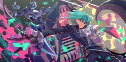 Rule 34 | 1boy, ascot, beckoning, belt, biker clothes, black gloves, black jacket, body armor, chenalii, closed mouth, fire, gloves, green hair, half gloves, highres, jacket, lio fotia, male focus, multiple belts, outstretched hand, promare, purple eyes, pyrokinesis