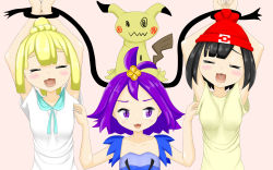 Rule 34 | 3girls, :3, acerola (pokemon), ahoge, animal ears, armpits, arms up, artist request, beanie, black eyes, black hair, blonde hair, blue dress, blush, braid, breasts, closed eyes, collarbone, creatures (company), dress, drooling, female focus, flat chest, game freak, gen 7 pokemon, hair ornament, hands together, hat, highres, laughing, lillie (pokemon), looking to the side, matching hair/eyes, mimikyu, multiple girls, nintendo, open mouth, pink background, pokemon, pokemon (creature), pokemon sm, purple eyes, purple hair, red headwear, restrained, saliva, selene (pokemon), shirt, short hair, short sleeves, simple background, small breasts, smile, tail, tears, tickling, wavy mouth, white shirt, yellow shirt