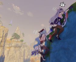 Rule 34 | !?, 2girls, ahoge, ass, black gloves, blue hair, breasts, climbing, clothes pull, cloud, commentary, cone hair bun, detached sleeves, double bun, english commentary, gameplay mechanics, ganyu (genshin impact), genshin impact, gloves, goat horns, hair bun, high heels, horns, keqing (genshin impact), long hair, mountain, multiple girls, negom, outdoors, pantyhose, pantyhose pull, pulling another&#039;s clothes, purple gloves, purple hair, sky, sweat