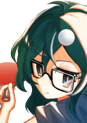 Rule 34 | 1girl, absurdres, black eyes, closed mouth, commentary request, glasses, green hair, hair between eyes, highres, inami hatoko, looking at viewer, medium hair, original, paddle, simple background, solo, table tennis paddle, white background