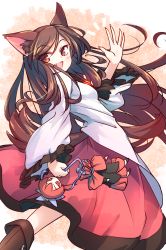 Rule 34 | 1girl, :d, animal ear fluff, animal ears, blouse, boots, brown hair, character doll, commentary request, fang, frilled sleeves, frills, highres, imaizumi kagerou, isu (is88), long hair, long sleeves, open mouth, red eyes, sekibanki, shirt, skirt, smile, tail, touhou, wide sleeves, wolf ears, wolf tail