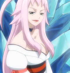 Rule 34 | 1girl, breasts, fairy tail, female focus, highres, ikaruga (fairy tail), japanese clothes, kimono, large breasts, lipstick, long hair, makeup, pink hair, red eyes, red lips, screencap, smile, solo, stitched, third-party edit