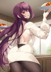 Rule 34 | 1girl, absurdres, ass, back, blush, breasts, fate/grand order, fate (series), food, highres, large breasts, long hair, long sleeves, looking at another, looking at viewer, mukunokino isshiki, plate, purple hair, red eyes, scathach (fate), smile, solo, sweater, thighs, white sweater