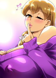 Rule 34 | 1girl, bare shoulders, blonde hair, blush, boku to mama no ecchi na okaimono date, breasts, cleavage, covered erect nipples, female focus, finger to mouth, free style, gradient background, hair between eyes, hands on own chest, hands up, heart, highres, index finger raised, jewelry, large breasts, long hair, mature female, nail polish, off-shoulder sweater, off shoulder, one eye closed, orange eyes, original, parted lips, pink nails, pink sweater, ring, shushing, simple background, smile, solo, sweater, upper body, wedding band, wink