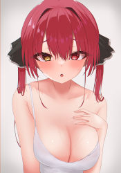 Rule 34 | 1girl, blush, breasts, cleavage, collarbone, hair ribbon, hetero, highres, hololive, houshou marine, hukigen dadada, large breasts, looking at viewer, open mouth, red eyes, red hair, ribbon, short twintails, solo, sweat, tank top, twintails, upper body, virtual youtuber, white background, yellow eyes