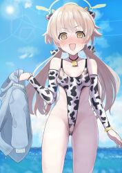 Rule 34 | 1girl, @ @, absurdres, animal ears, animal print, bare shoulders, bell, blonde hair, blue archive, blush, breasts, cameltoe, collarbone, cow ears, cow girl, cow print, cowbell, elbow gloves, gloves, groin, hifumi (blue archive), highleg, highleg swimsuit, highres, jacket, keke (user djyu7823), long hair, nervous smile, open mouth, pussy, pussy peek, see-through, shiny skin, sideboob, small breasts, smile, swimsuit, thigh gap, thighs, twintails, unworn jacket, wet, wet clothes, wet swimsuit, yellow eyes