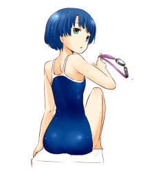 Rule 34 | 10s, 1girl, ano natsu de matteru, ass, back, bare shoulders, blue hair, competition school swimsuit, female focus, goggles, green eyes, looking at viewer, looking back, nagian, one-piece swimsuit, open mouth, school swimsuit, short hair, sitting, solo, swimsuit, tanigawa kanna, water, wet