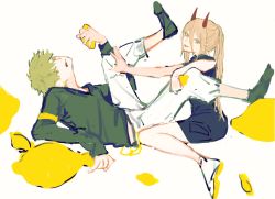 Rule 34 | 1boy, 1girl, blonde hair, chainsaw man, denji (chainsaw man), food, fruit, hair between eyes, highres, holding, horns, lemon, long hair, looking at viewer, pecopecosupipi, pink hair, ponytail, power (chainsaw man), red horns, short hair, sidelocks, simple background, sweater, tongue, tongue out, white background
