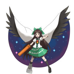 Rule 34 | 1girl, :d, absurdres, arm cannon, asatsuki (fgfff), asymmetrical footwear, bird wings, black wings, blouse, bow, brown eyes, brown hair, buttons, cape, center frills, collared shirt, commentary request, control rod, frilled shirt collar, frilled skirt, frills, green bow, green skirt, hair bow, highres, kneehighs, mismatched footwear, open mouth, pointing, puffy short sleeves, puffy sleeves, reiuji utsuho, shirt, shoes, short sleeves, single shoe, skirt, smile, socks, solo, starry sky print, sugimori ken (style), third eye, third eye on chest, touhou, weapon, white cape, white shirt, wings